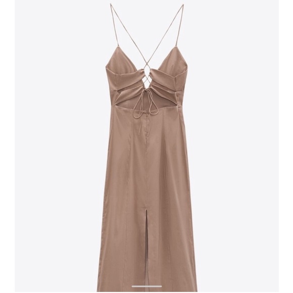 Zara Linen Blend Open Back Halter Tan Sleeveless Dress Size L  New - Picture 3 of 13